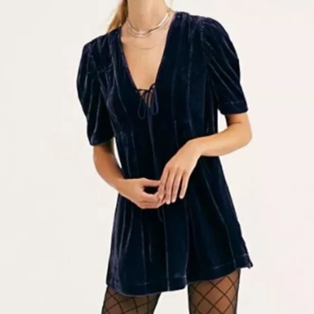 Free People Adelle Velvet Tunic Babydoll Dress Blue Size XS - Picture 1 of 10